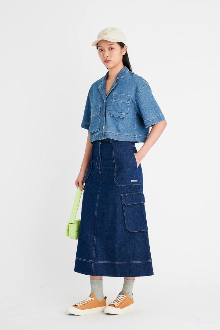 ROTATION RAW HEM DENIM A-LINE MAXI SKIRT - REGULAR (DARK WASHED)