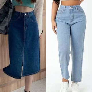 Denim Long Skirt and High Waist Jeans
