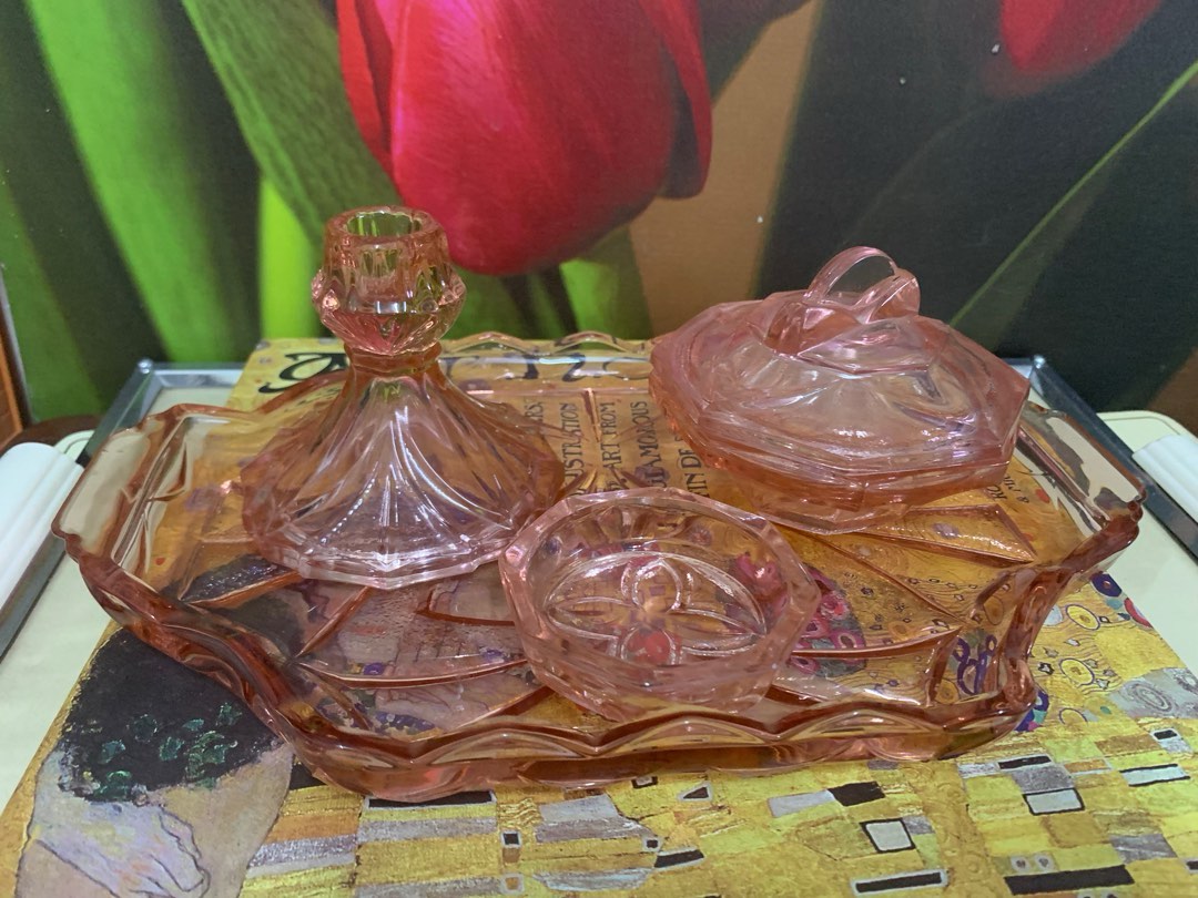 Pink glass dressing top table set