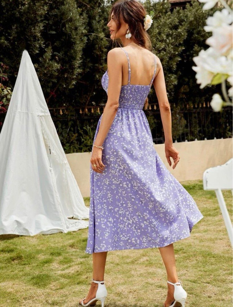 Ditsy Floral Tie Front Ruched Split Flowy Dress Purple