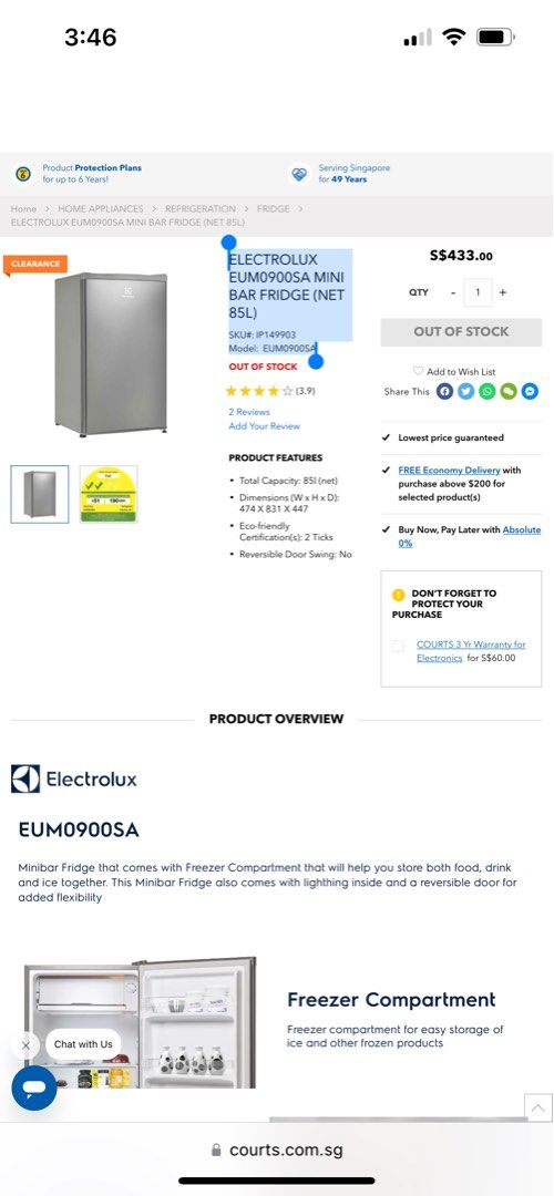 ELECTROLUX EUM0900SA MINI BAR FRIDGE (85L), TV & Home Appliances