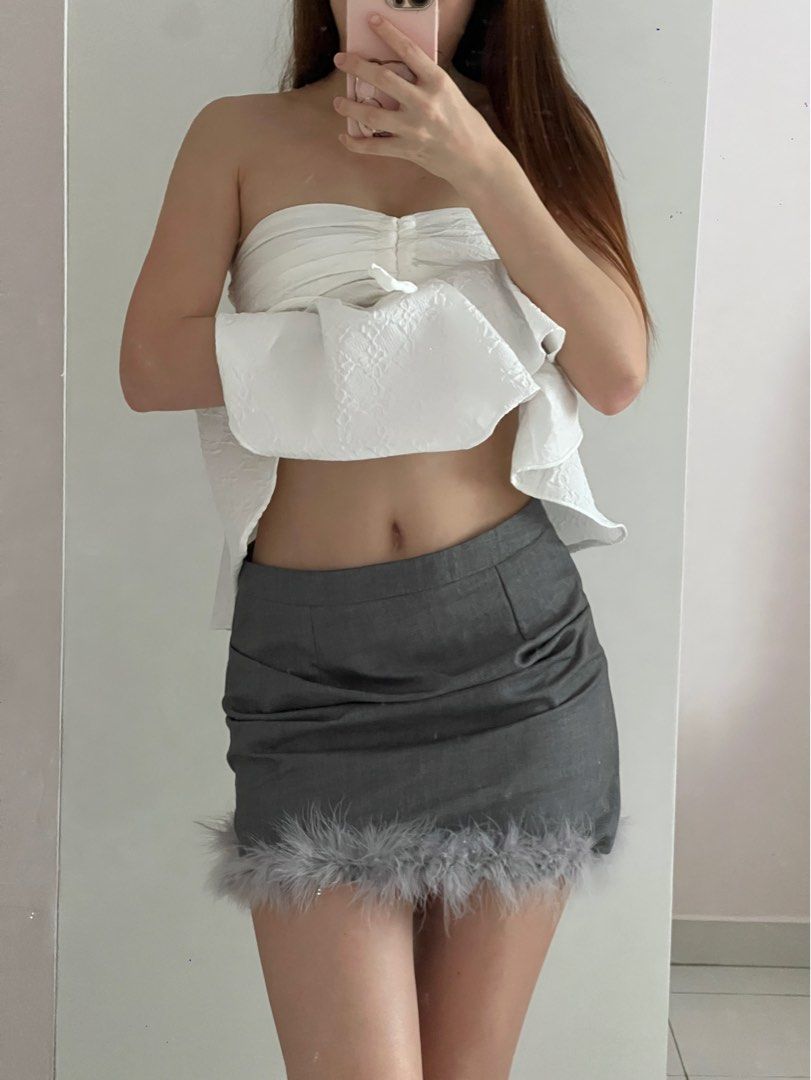 Grey fluffy design short skirt Women s Fashion Bottoms Skirts