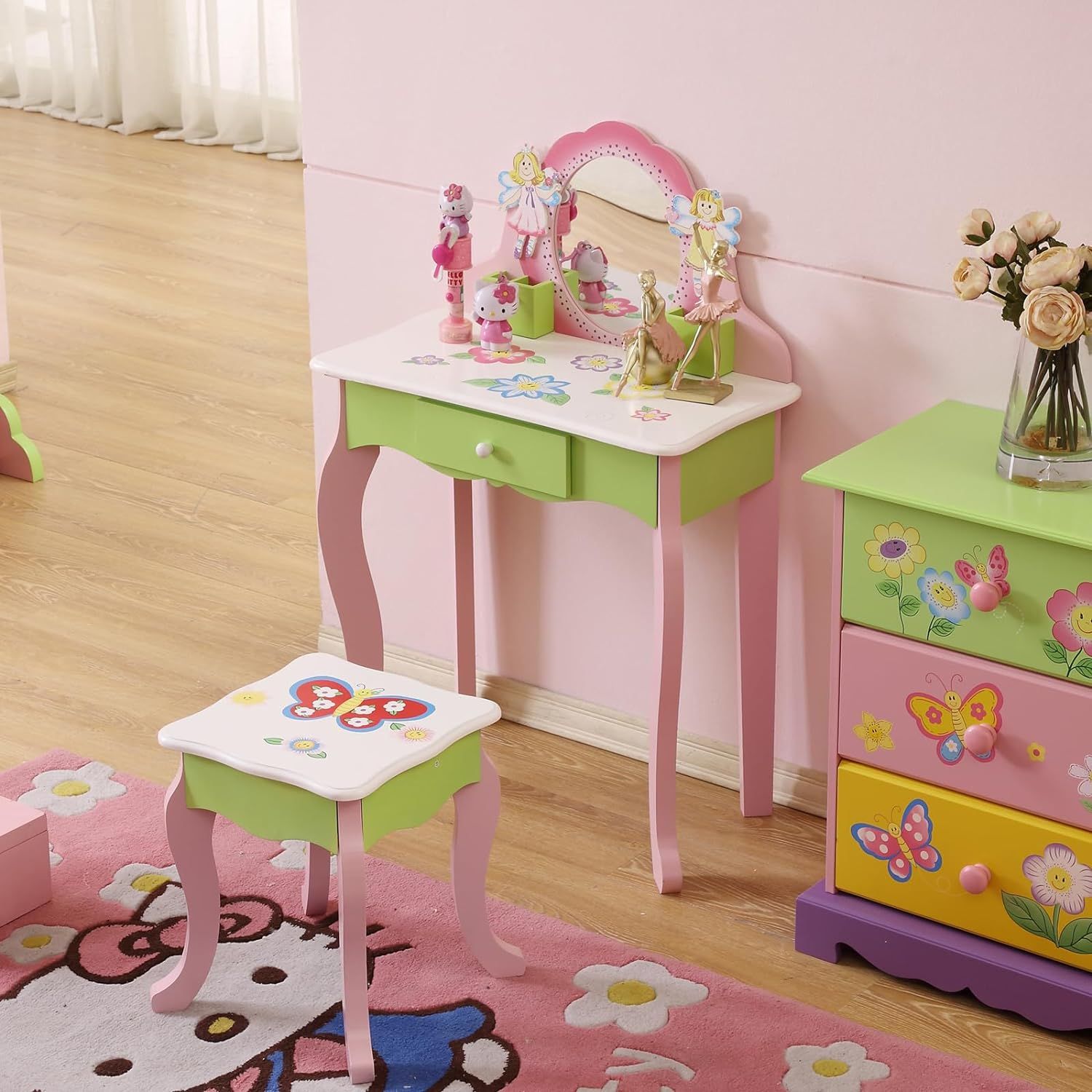 Girls vanity set mirror stool drawer makeup discount table little princess toy bedroom
