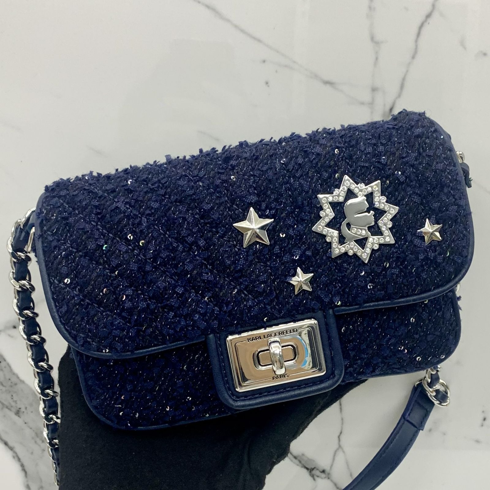 KARL LAGERFELD NAVY TWEED STAR CHAIN SHOULDER BAG 237045536 Luxury Bags Wallets on Carousell