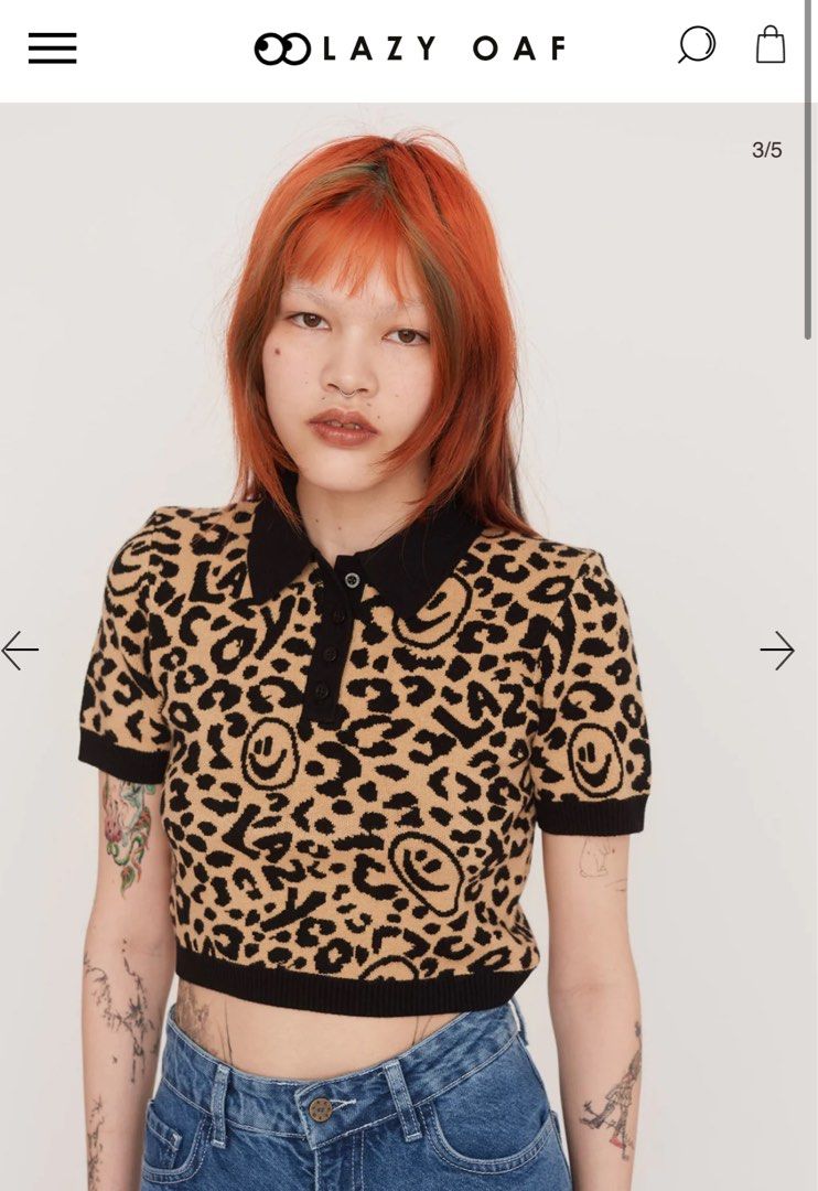 Lazy Oaf leopard print knitted polo crop top Women s Fashion Tops Blouses on Carousell