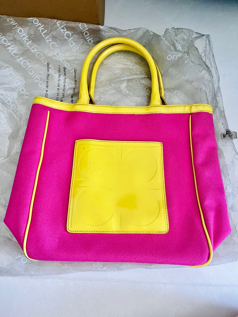 Liz Claiborne Shopping Tote Shocking Pink with Yellow Pocket and Wallet Women s Fashion Bags Wallets Tote Bags on Carousell