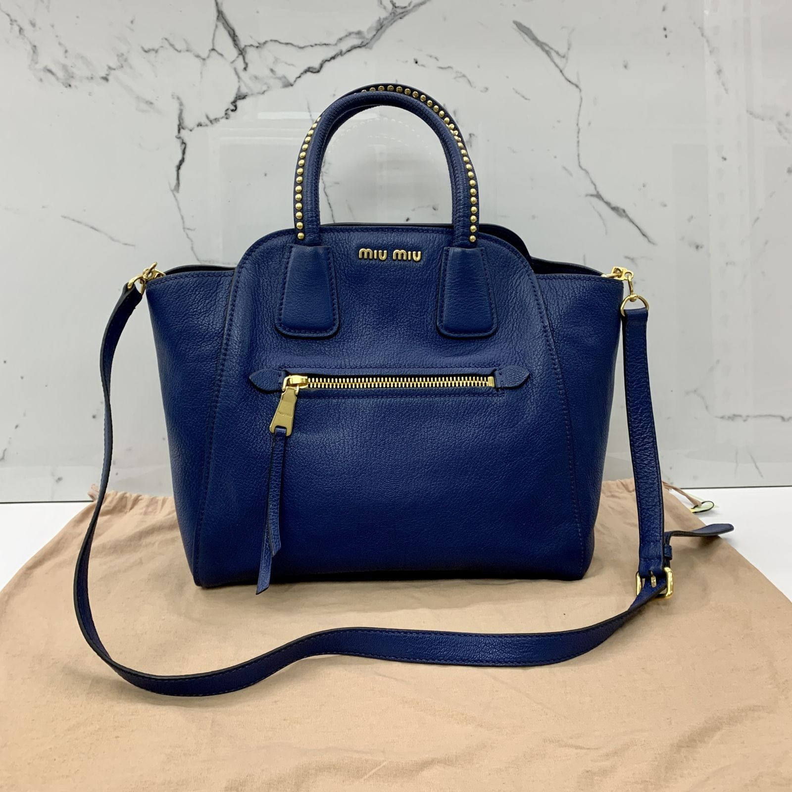 MIU MIU BLUE STUDDED HANDLE 2WAY SHOULDER BAG 247001780 #, Luxury 