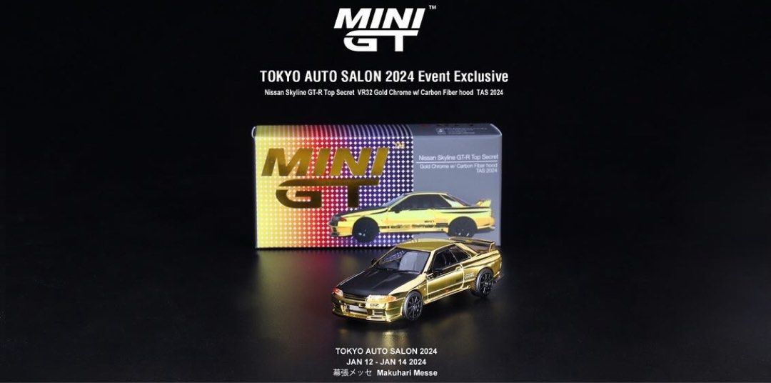 In Stock] Mini GT Tokyo Auto Salon 2024 Nissan Skyline GT-R [R32] Gold  chrome w/ carbon fiber hood, Hobbies & Toys, Toys & Games on Carousell