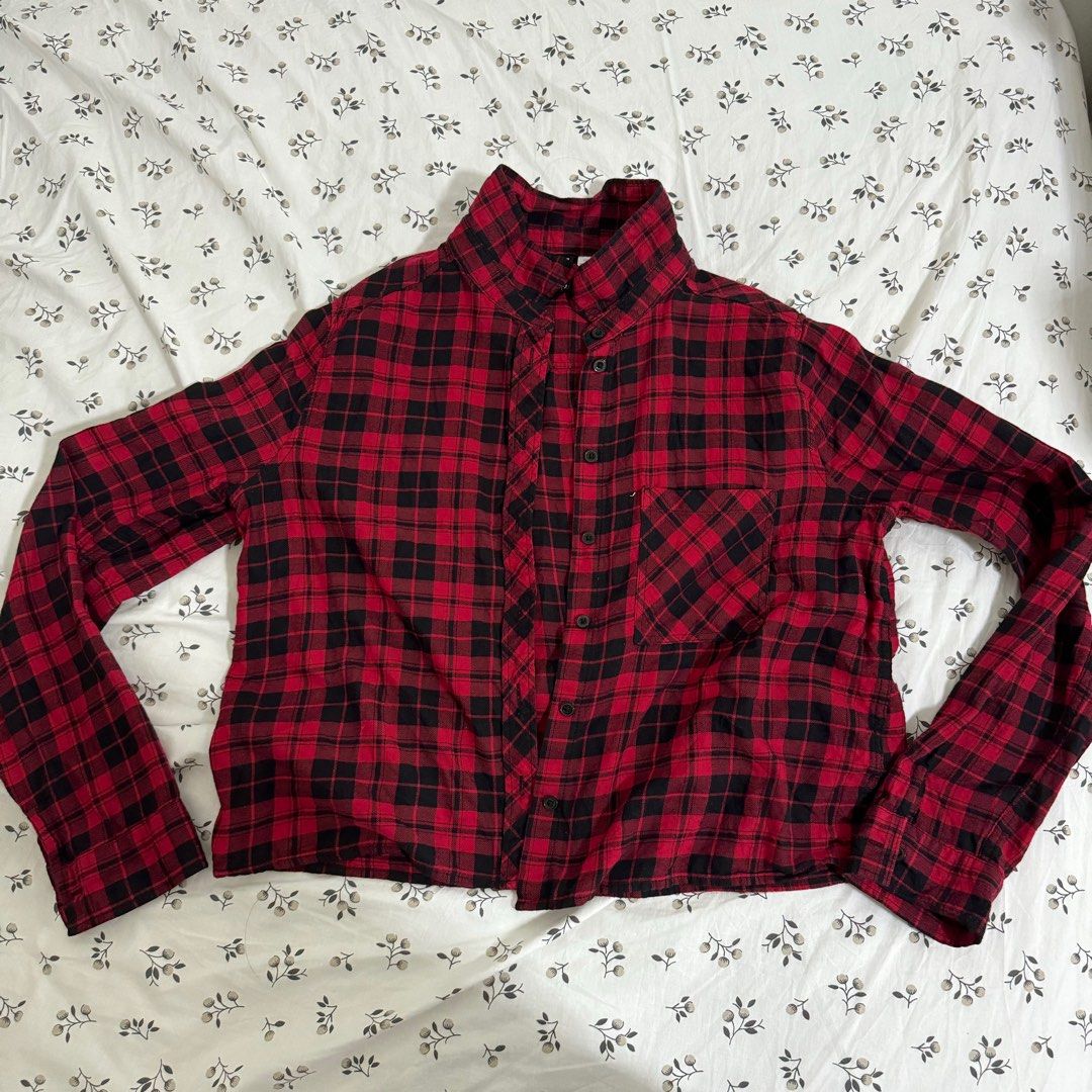 Red Crop Top Flannel Jacket Outerwear Women s Fashion Coats