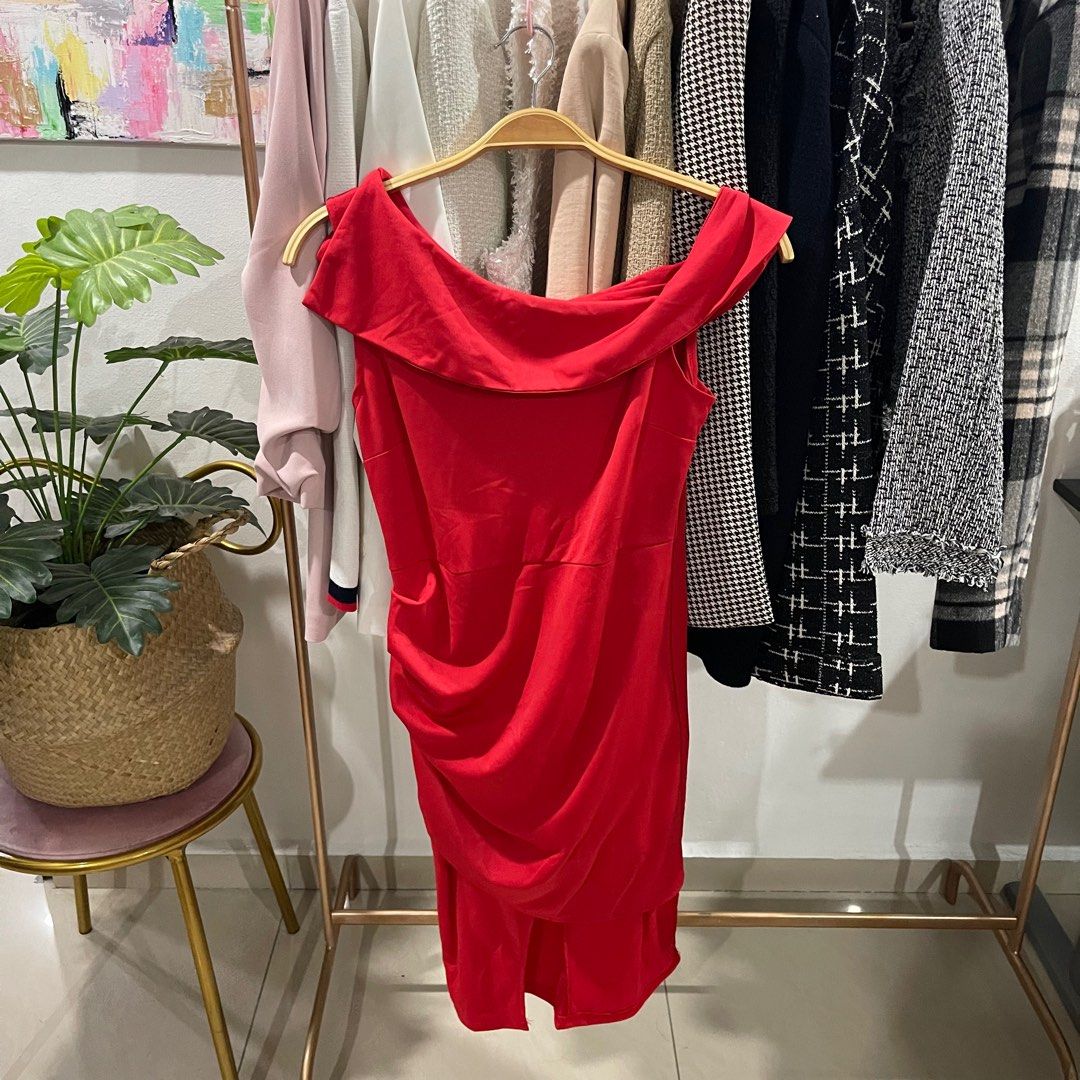 Red plain off shoulder dress Women s Fashion Dresses Sets