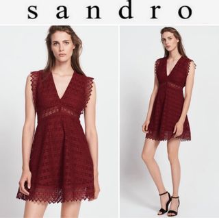 Sandro Burgundy Bordeaux Red Guipure Lace Skater Hem Mini Dress