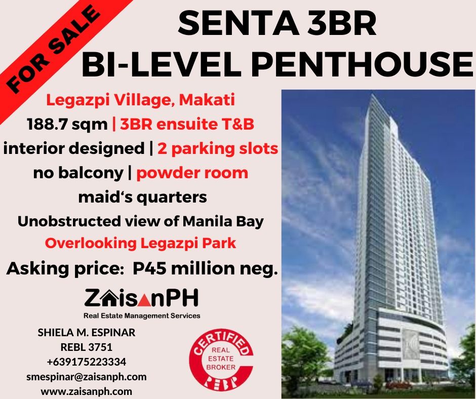 Senta 3BR Bi-Level Penthouse (Category: Apartments & Condos) located in Makati City. Submitted by ZaisanPH (Listing ID 1282573526, Image 1). Description: Legazpi Village, Makati 188.7 sqm 3BR ensuite T&B interior designed 2 parking slots no balcony powder room maid‘s quarters Unobstructed view of Manila Bay Overlooking Legazpi Park.