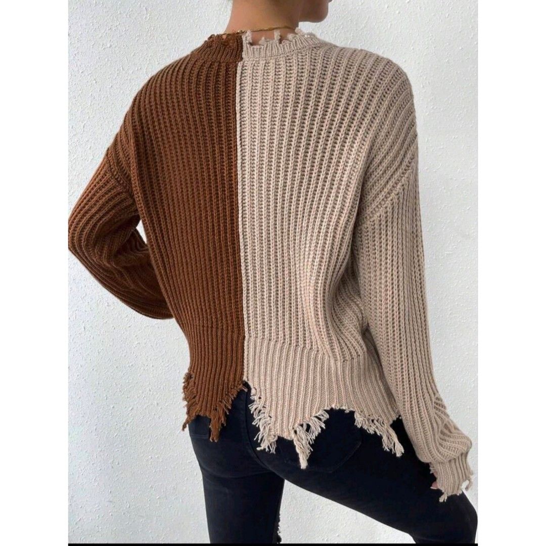 shein SHEIN Essnce Two Tone Cable Knit Drop Shoulder Sweater