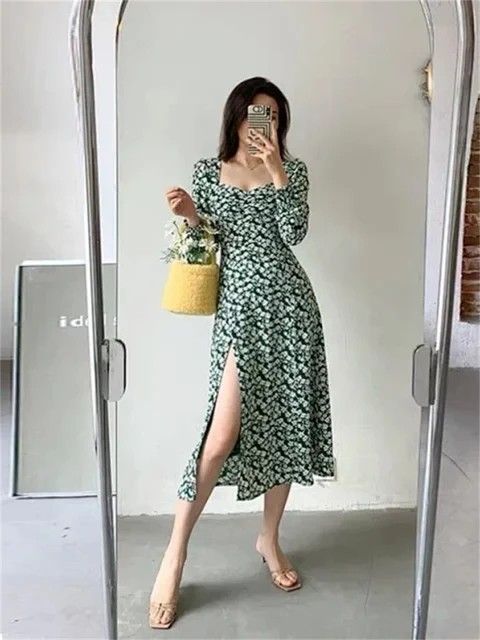 SHEIN Green Floral Dress with Slit Women s Fashion Dresses