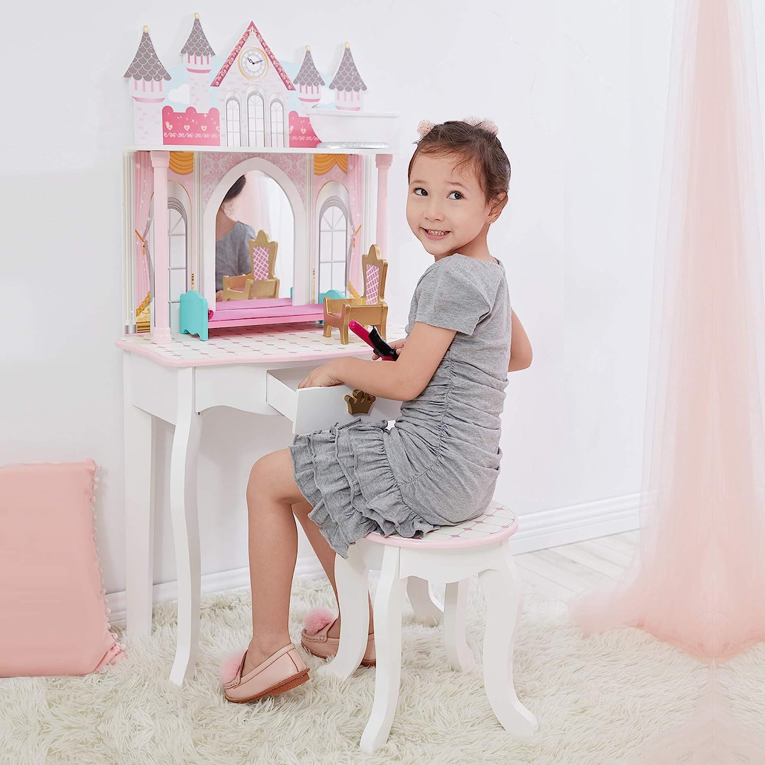 Teamson Kids Pretend Play Kids Vanity Table and Chair Vanity Set