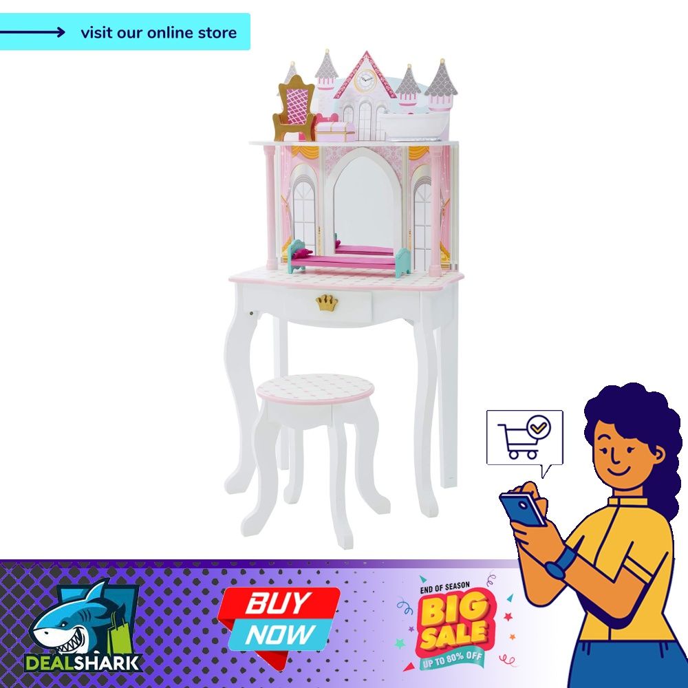 Teamson Kids Pretend Play Kids Vanity Table and Chair Vanity Set with Mirror Makeup Dressing Table with Drawer Castle Play Set with Accessories for