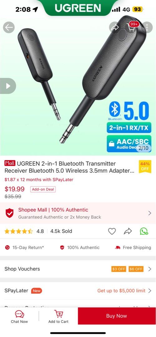 UGREEN 2 in 1 Bluetooth Transmitter Receiver Bluetooth 5.0