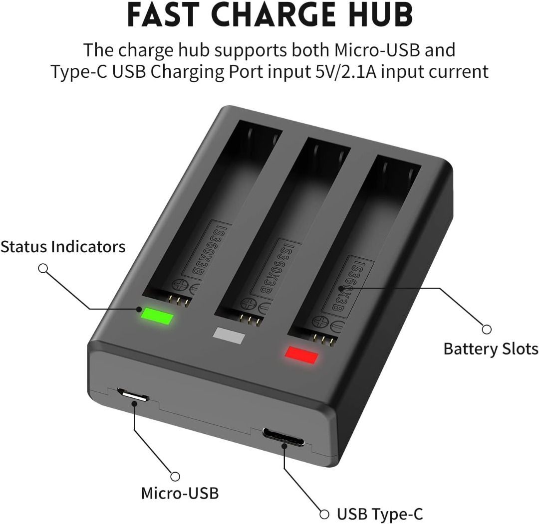 2 Packs Replacement Insta 360 x3 Battery 1800mAh and Battery 3-Channel Fast Charge Hub Compatible with Insta 360 x3 Accessories High Capacity Electric Core62863067044866112
