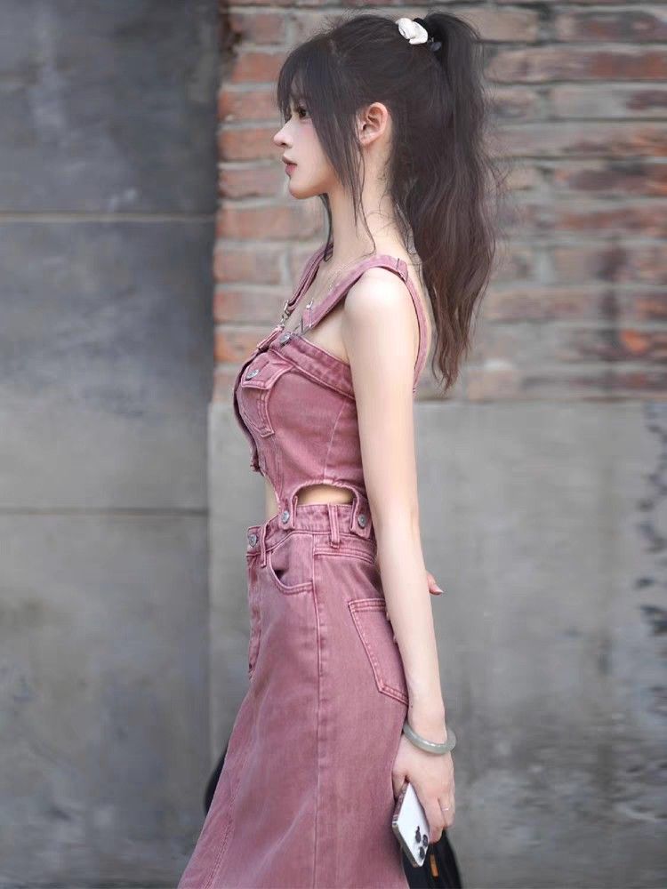 Pink denim skirt online set