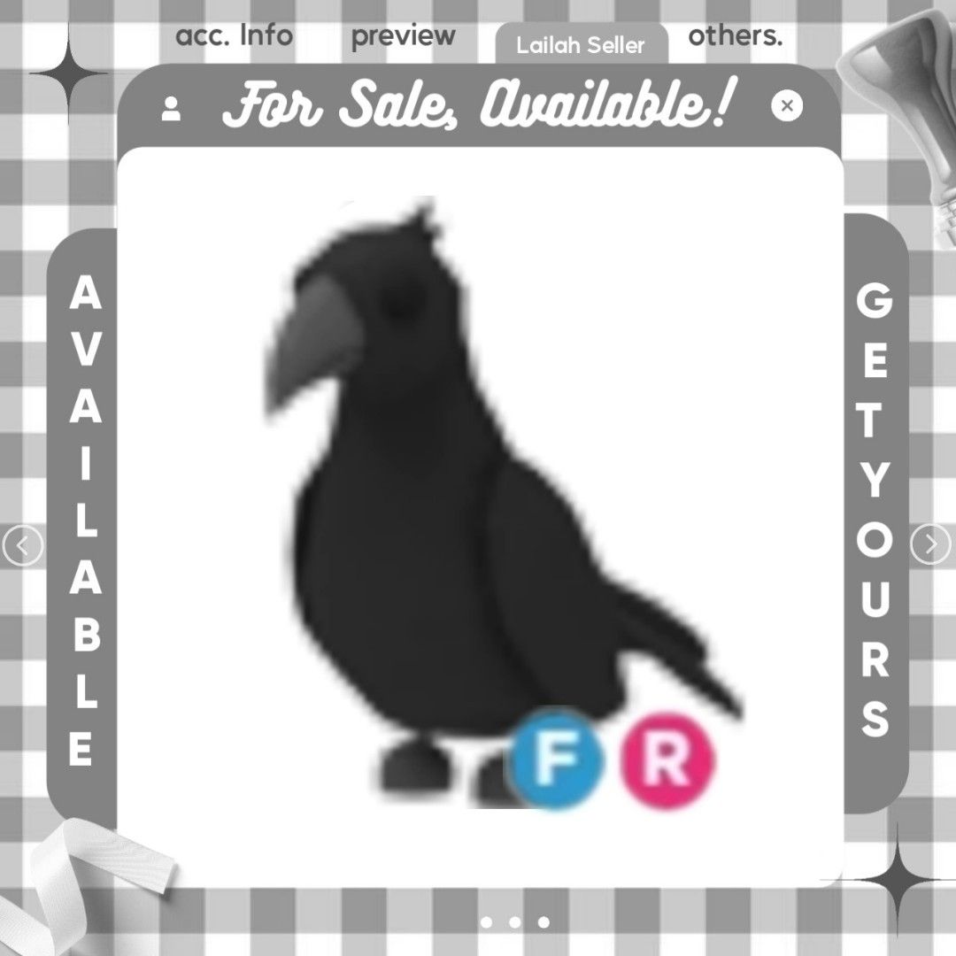 Adopt me | FR Crow | Legendary pet | Roblox (Category: In-Game Products) located in Baliuag. Submitted by sxmplycollections (Listing ID 1282815954, Image 1). Description: MOP: GCASH.