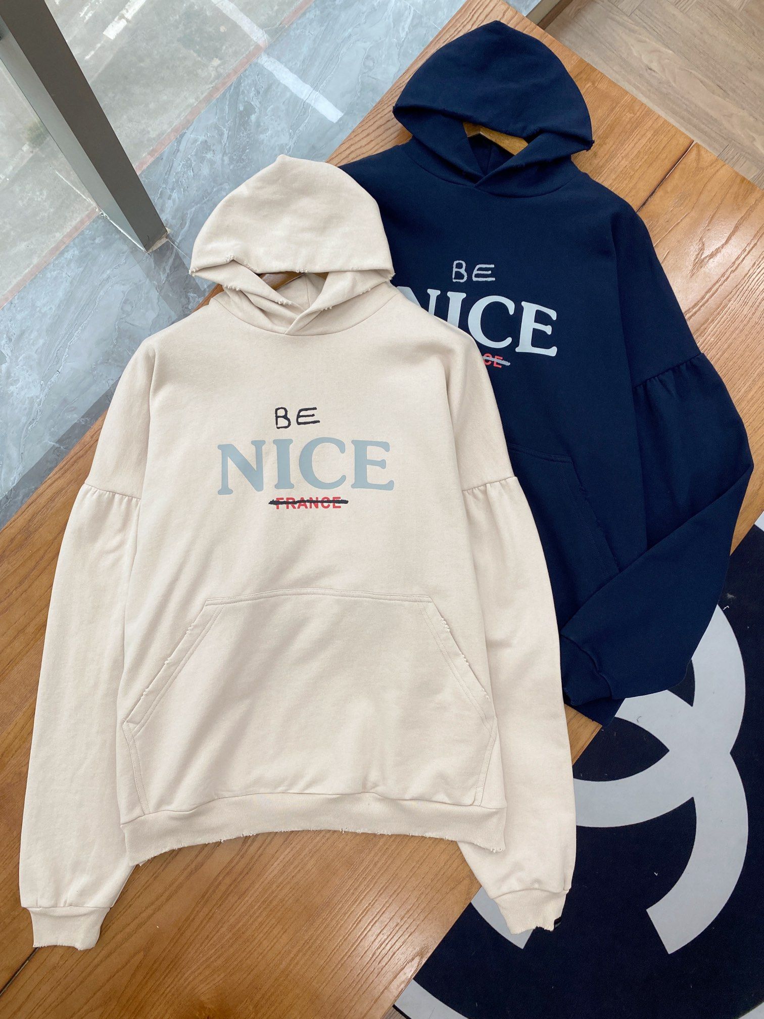 Authentic balenciaga Loose Printed Be Nice Destroyed Hooded Pleated Sleeve  Sweatshirt