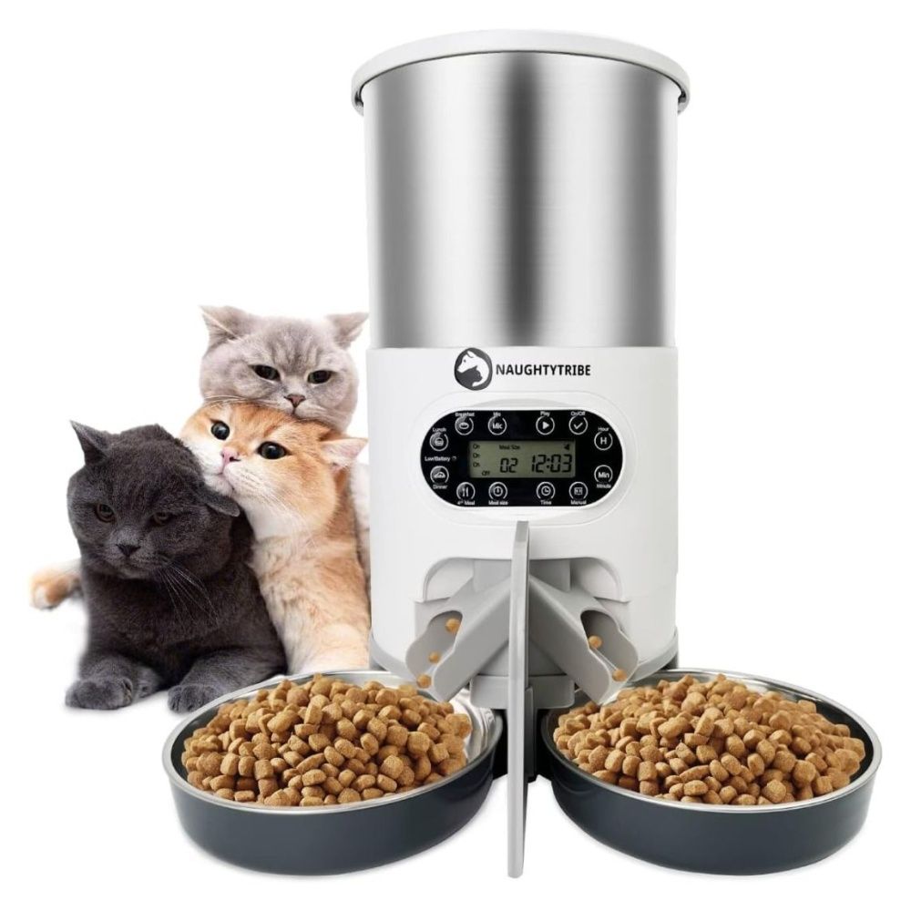 Automatic Cat Feeder NAUGHTYTRIBE Automatic Pet Feeder 4.5L Food Dispenser for Cats and Dogs Two Splitter Way with Double Stainless Steel Bowls for Small Medium Large Puppy Kitten Pet Supplies Homes