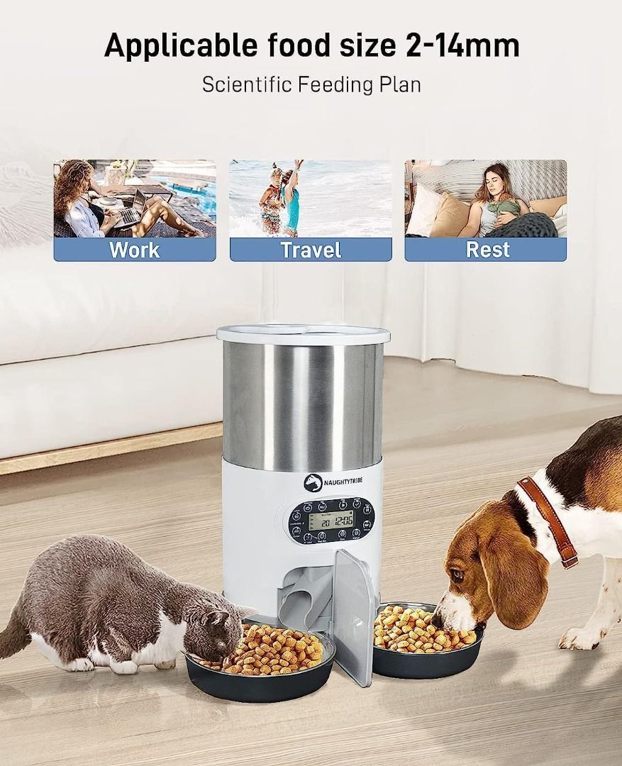 Automatic Cat Feeder NAUGHTYTRIBE Automatic Pet Feeder 4.5L Food Dispenser for Cats and Dogs Two Splitter Way with Double Stainless Steel Bowls for
