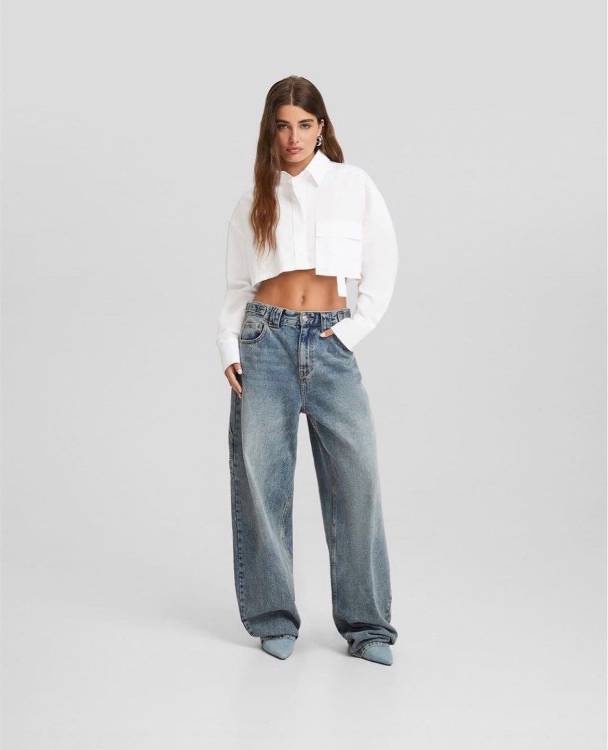 Long sleeve cropped poplin shirt with straps