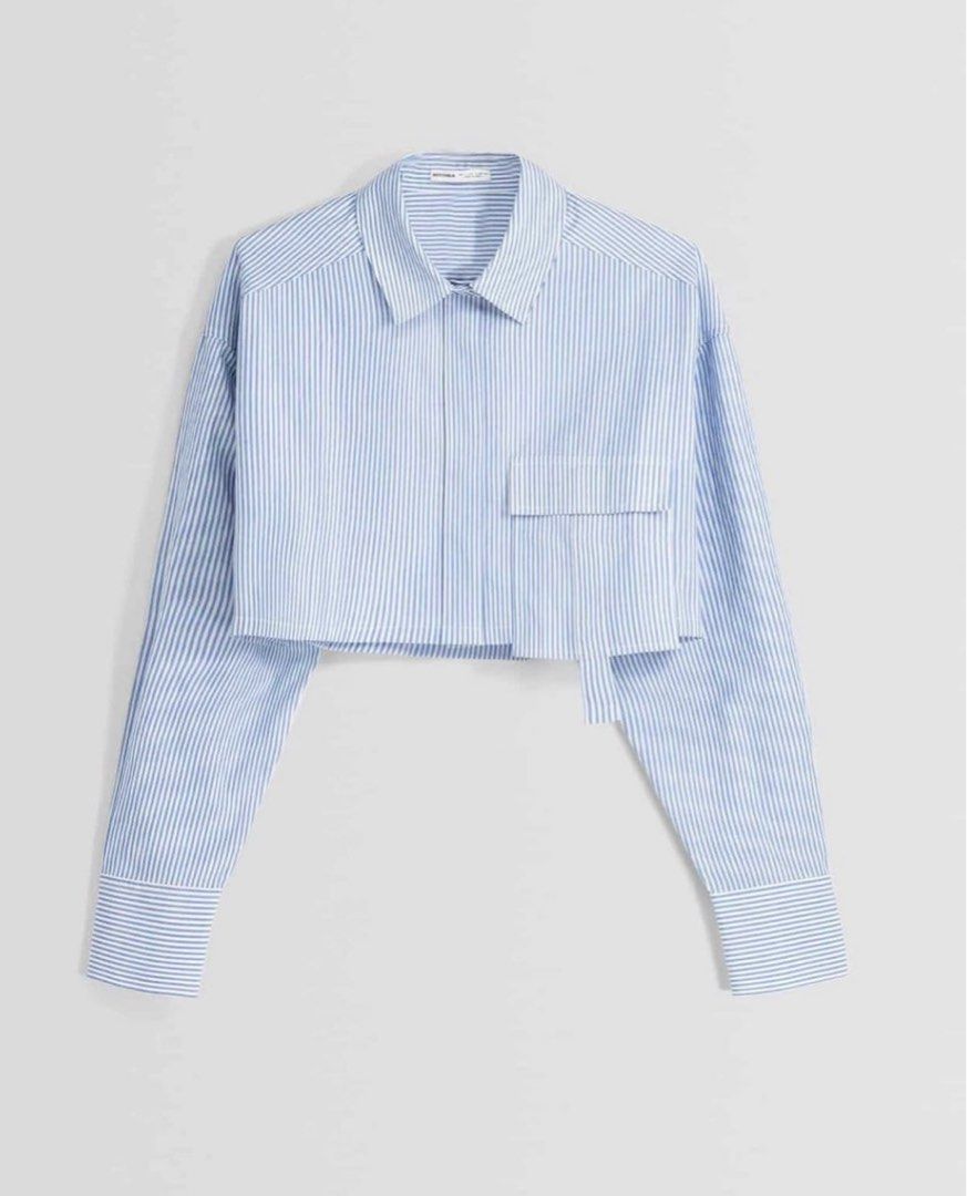 Long sleeve cropped poplin shirt with straps