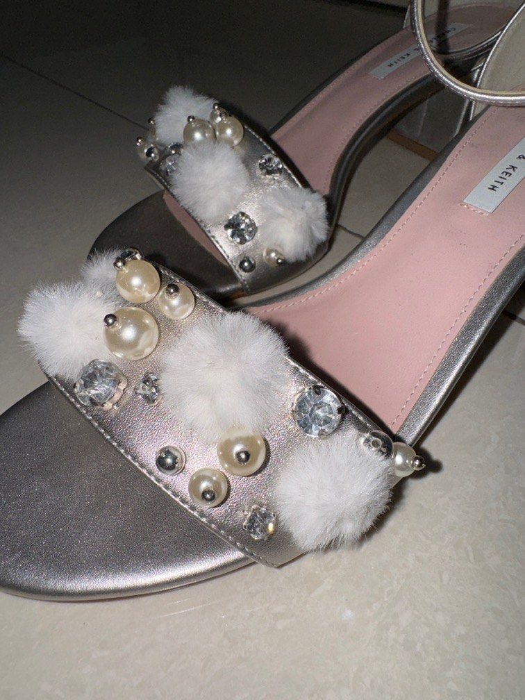 Charles Keith Silver heel with fur pearl Women s Fashion