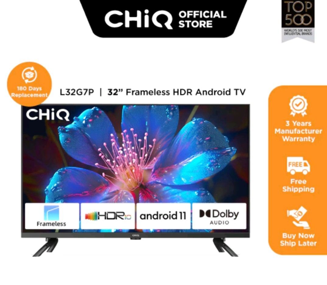 Chiq l32g7l,tv 32 pollici smart tv, android 11, hd, frameless tv