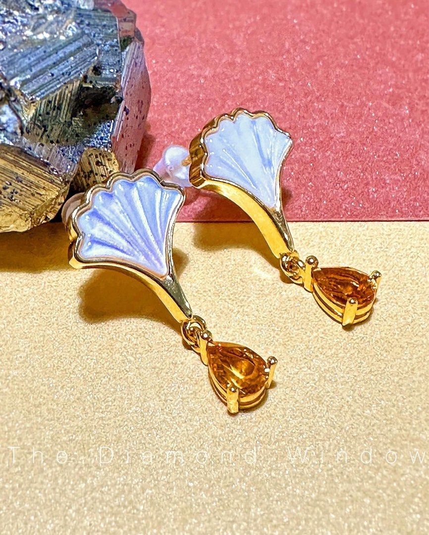Citrine with Mother of Pearl 925 Silver Yellow Gold Dangle Ear