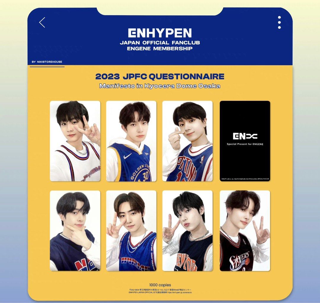 ENHYPEN JAPAN FANCLUB JPFC QUESTIONNAIRE POB PHOTOCARD PC, Hobbies