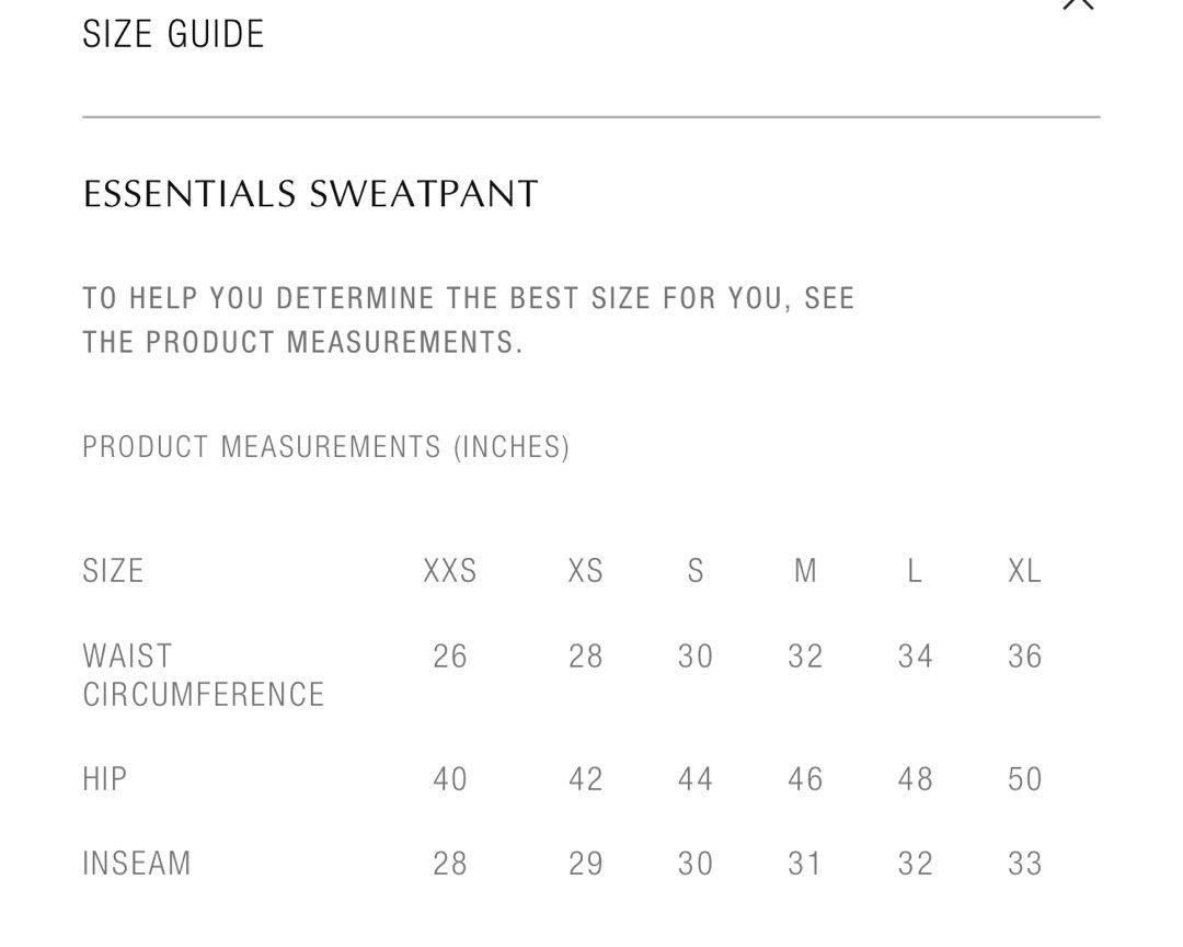 Fog essentials sales sweatpants sizing chart