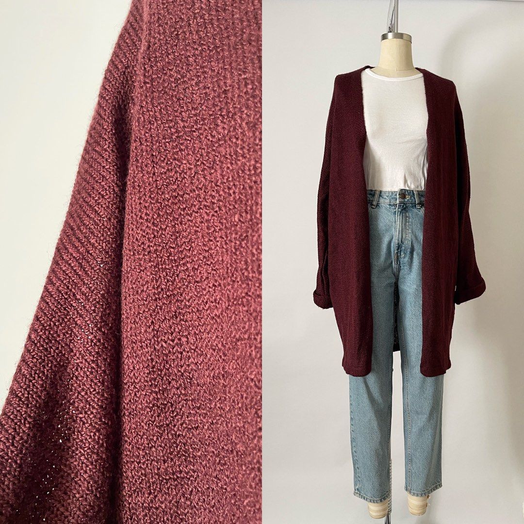 f21 maroon oversized knit cardigan l Women s Fashion Coats Jackets and Outerwear on Carousell