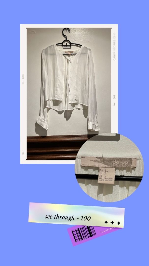 Forever 21 f21 white see through Peasant Top (Category: Longsleeves) located in Makati City. Submitted by janelly_ (Listing ID 1282681385, Image 1). Description: last price.