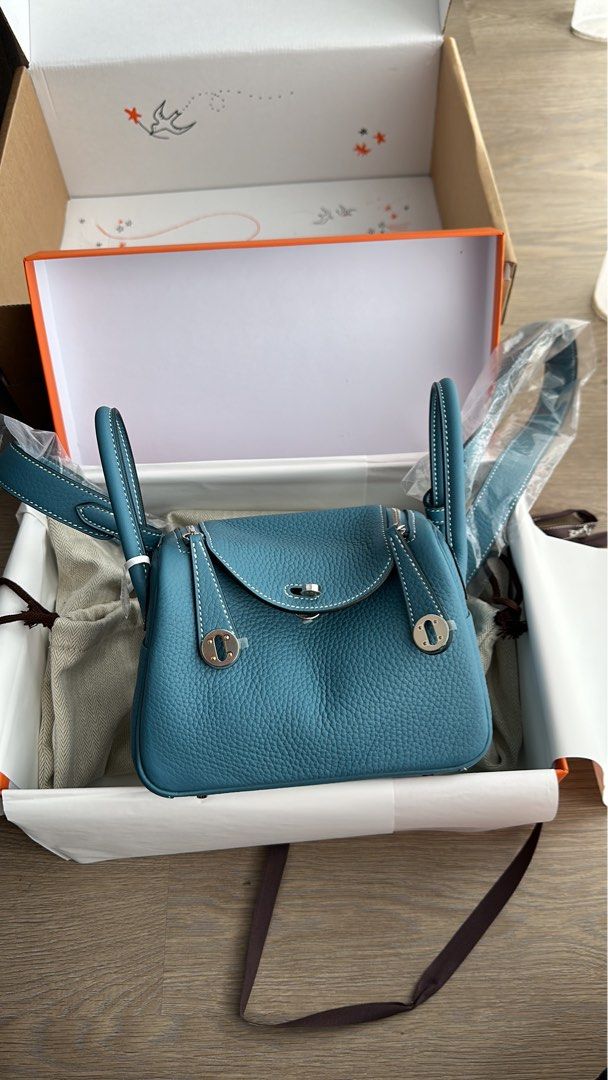 Hermes mini lindy in new bleu jean phw, Luxury, Bags Wallets on