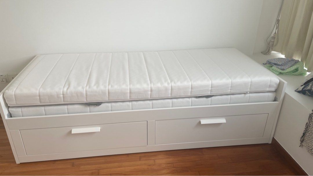 Ikea Brimnes day bed with 2x Afjall mattress, Furniture & Home Living