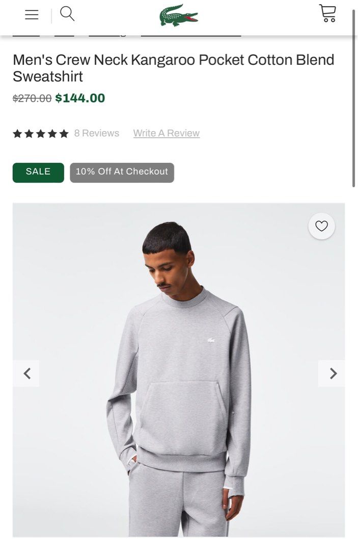 lacoste Men s Crew Neck Kangaroo Pocket Cotton Blend Sweatshirt size S