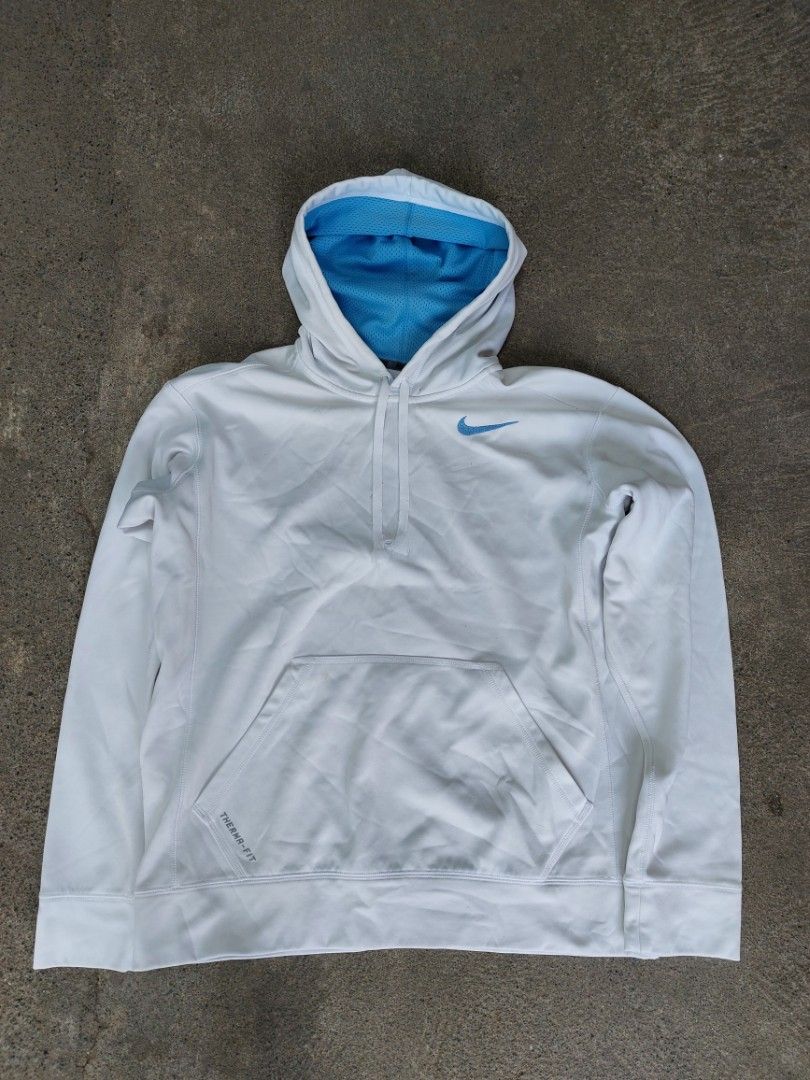 NIKE HOODIE SIDE SWOOSH THERMA FIT WHITE AND SKY BLUE EMBROID LOGO