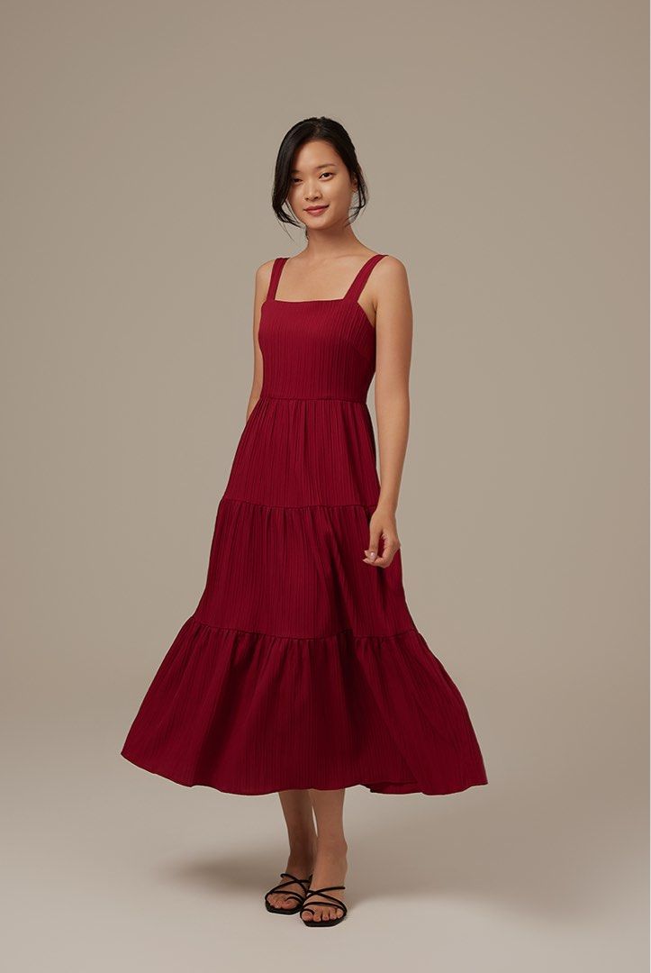 Red tiered top midi dress