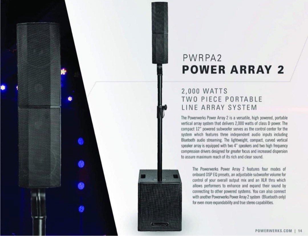 Powerwerks Array 2 (Category: Soundbars, Speakers & Amplifiers) located in Las Pinas. Submitted by andreysplg (Listing ID 1282786654, Image 1). Description: Tested only still with warranty Bought for 33,500 RFS: gift for my parents but we couldn’t figure how to use it with Magic Sing Specs: 2000 WATTS Two Piece Portable Line Array System • Power: 2000 watts Peak/660 watts RMS • Subwoofer: 12” wooden painted • Array: 2x4” Speakers • Tweeter: 2x1 P