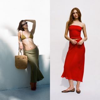 Realisation Par ✰ The Georgia Silk Midi Skirt in Red Envy and Green Envy