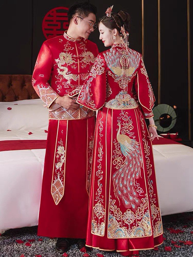 traditional wedding dress chinese Red Qun Kwa Chinese Wedding Dress – Zhong Wu Fu, 50–70% Embroidery with Dragon & Phoenix