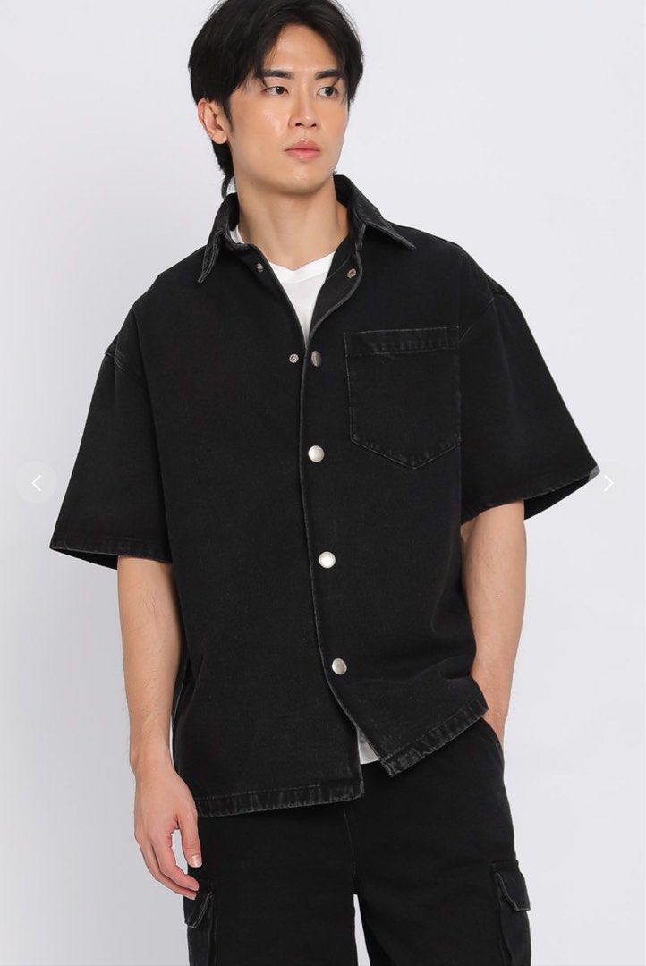 Mens black denim discount shirt short sleeve
