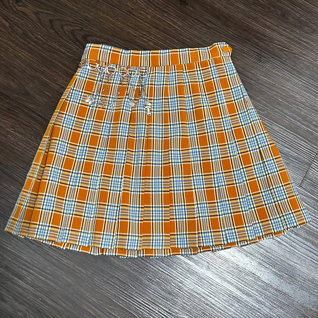 y2k orange and blue plaid pleated skirt Women s Fashion Bottoms