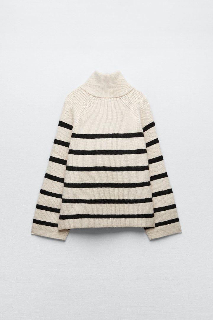 Zara Striped Knit Sweater with Zip in Cream White Women s Fashion