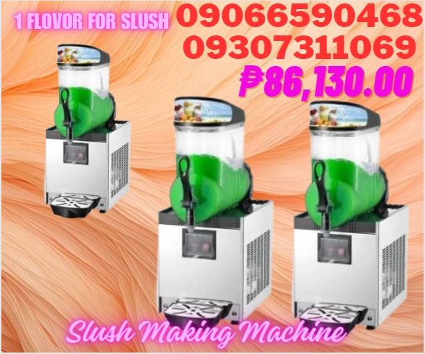 1 flavor slush making machine (Category: Ice-cream Makers) located in Caloocan City. Submitted by rochelleflores356-82603 (Listing ID 1276259069, Image 1). Description: Model : XSC-1 Capacity (Liters) 15L Feature Embraco Compressor Temp.: -1°C ~ -3°C Slush mode&Juice mode LED light lids Power (W) :500w Dimension (mm) Net: 305x475x713mm Packing : 375x545x830mm Weight (Kg) 40 Price :86,130.00.