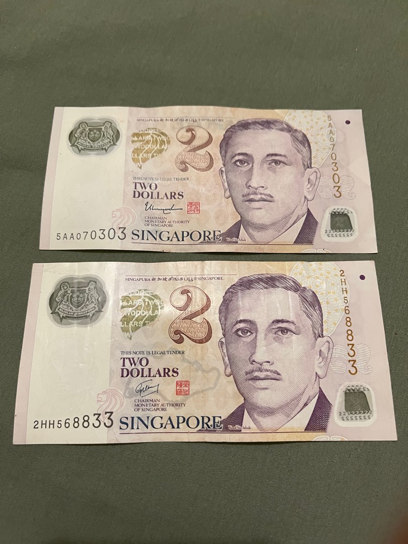 2-dollar Singapore bank notes with very unique serial numbers, Hobbies &  Toys, Memorabilia & Collectibles, Currency on Carousell