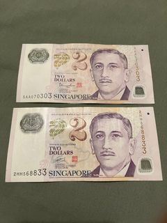 2-dollar Singapore bank notes with very unique serial numbers